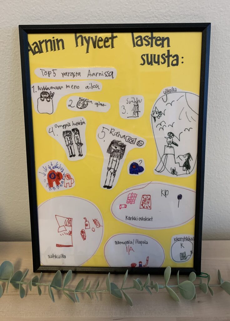 Aarnin  hyveet lasten suusta kirjoitettuna taululle.