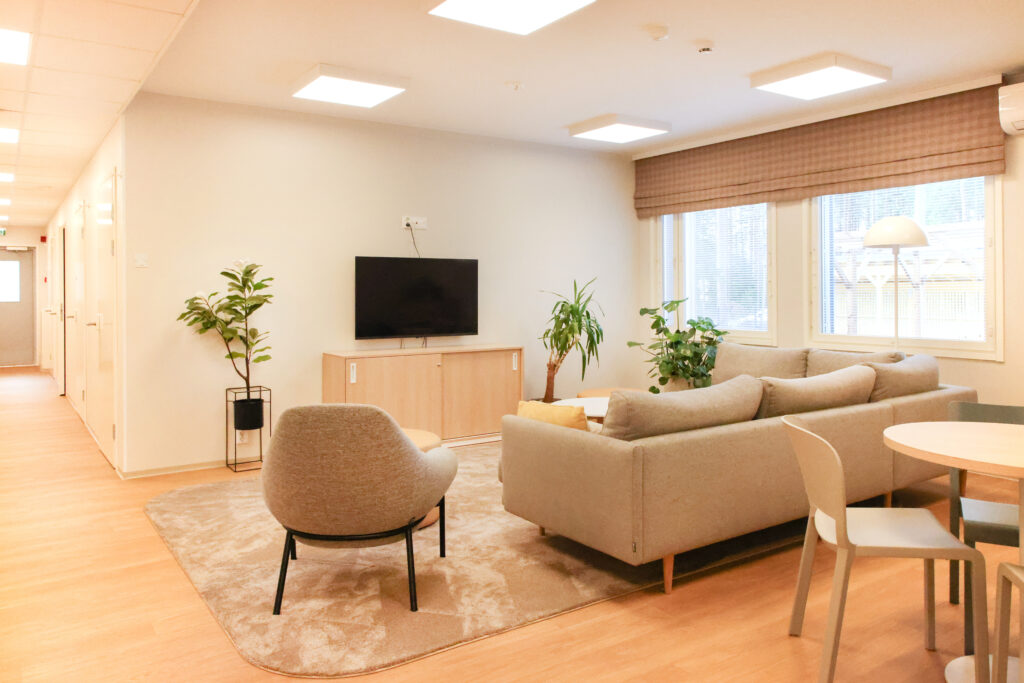 Olohuone, jossa harmaa sohva, lipasto ja sen päällä televisio. Ikkunat.