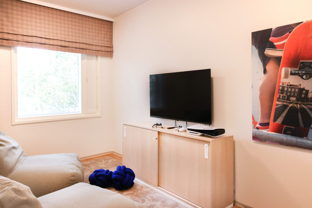 Huone, jossa harmaat istuimet, lipasto, jonka päällä televisio ja peliohjaimet. Seinällä tumma taulu.