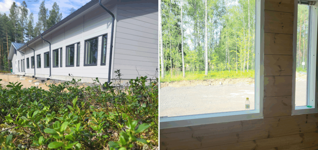 Lehtosara Joutsenon rakennus ulkoapäin ja kuva ikkunasta