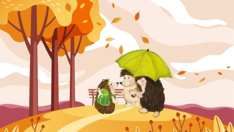 Piirroskuvassa siililapsi koulurepun kanssa ja aikuiset siilit sateenvarjon kanssa syysmaisemassa