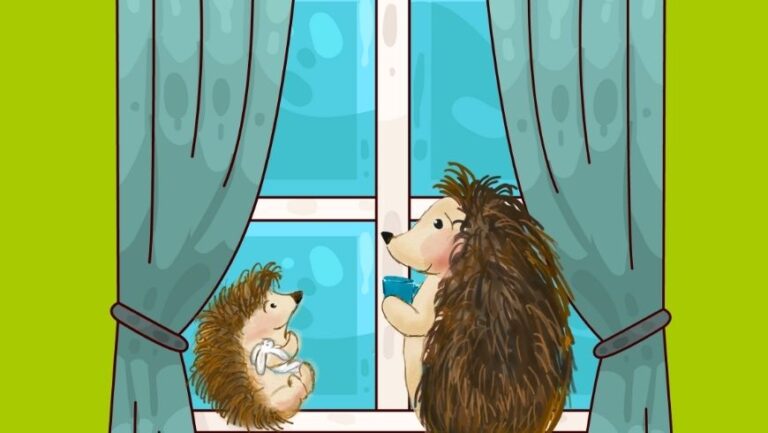 Piirroskuvassa pikkusiili istuu ikkunalaudalla ja aikuinen siili seisoo vieressä