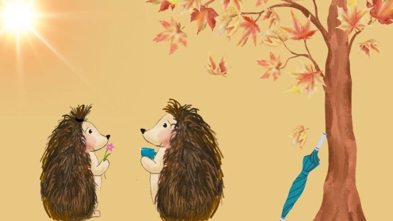 piiroskuva kahdesta siilistä syysmaisemassa, sateenvarjo nojaa puuhun